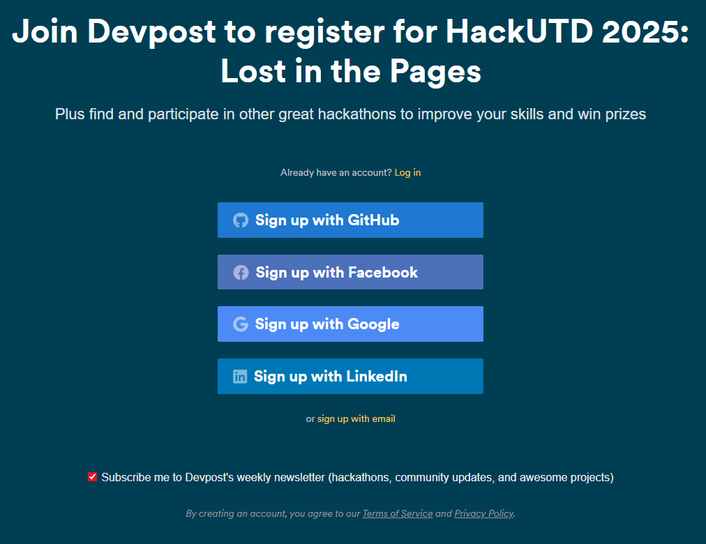Devpost sign up or log in